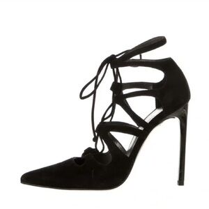 Stuart Weitzman Black Suede Lace-Up Cutout Pointed Stiletto Heels